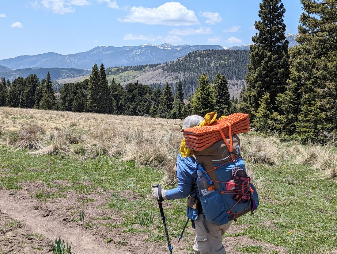 Woman backpacking on a trail with the mountains in the background.